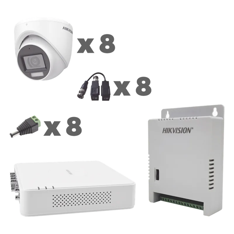 KIT TurboHD 1080p / DVR 8 Canales con audio por coaxitron / 8 Cámaras con Micrófono Integrado 101° Visión/ luz blanca + IR visión nocturna / Transceptores / Conectores / Fuente de Poder Profesional HIKVISION KH1080P8EWFH