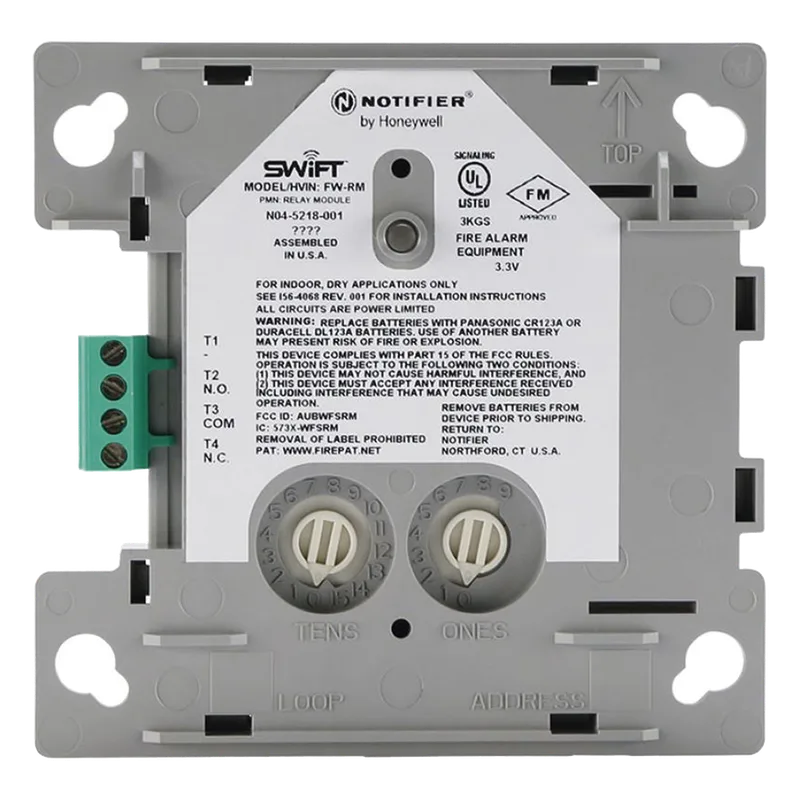 Módulo relevador inalámbrico direccionable, contactos Form-C SPDT, malla SWIFT FlashScan, batería litio 2 años NOTIFIER FW-RM