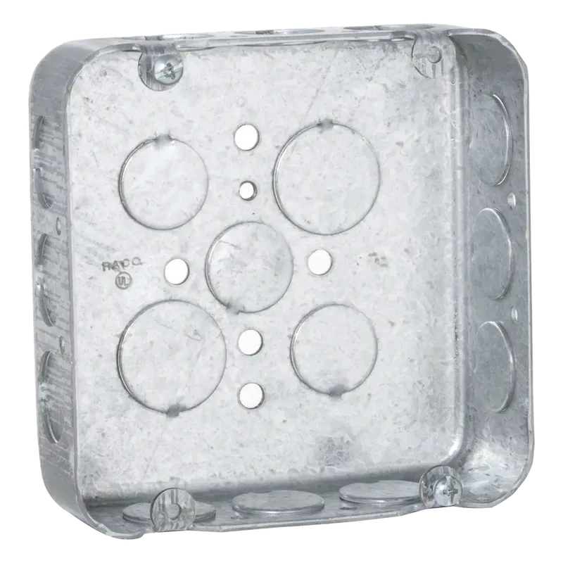 Caja Cuadrada 4 11/16"/ Profundidad 1 1/2"/ 15 Entradas 1/2", 2 Entradas 3/4"/ Troquelada. RACO HUB-245
