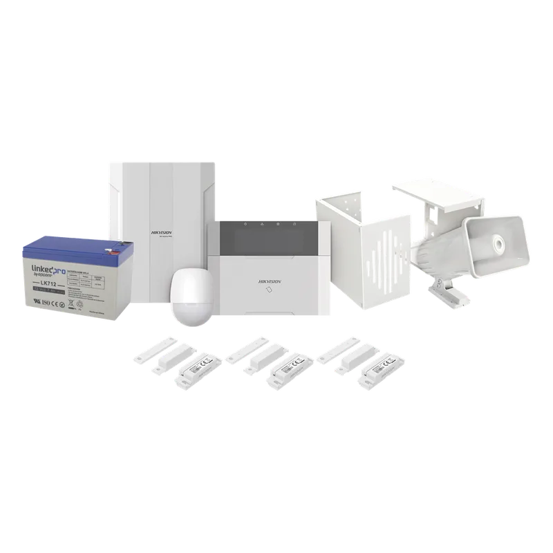 KIT Panel de Alarma AX HYBRID PRO / 1 Panel Híbrido / 1 Monitor LCD / 2 PIR / 3 Contactos Magnéticos / 1 Sirena / 1 Gabinete para Sirena / 1 Batería 12 vcc 7 Amp HIKVISION DS-PHA64-LP/PLUS