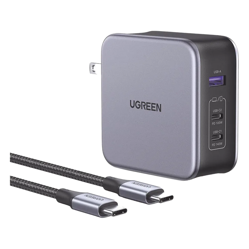 Cargador de 140W serie Nexode | 3 Puertos de Carga Rápida | 2 USB-C | 1 USB-A | Tecnología GaN II +SIC | PD3.1 / QC4.0 | Tecnología de Protección Térmica | Optimiza la Experiencia de Carga | Incluye cable USB-C UGREEN 90548