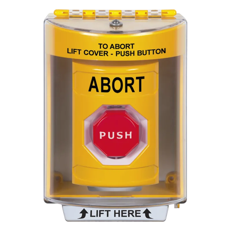 Botón de Abortar, Texto en Ingles, Tapa Protectora de Policarbonato Súper Resistente, Momentaneo STI SS2274AB-EN