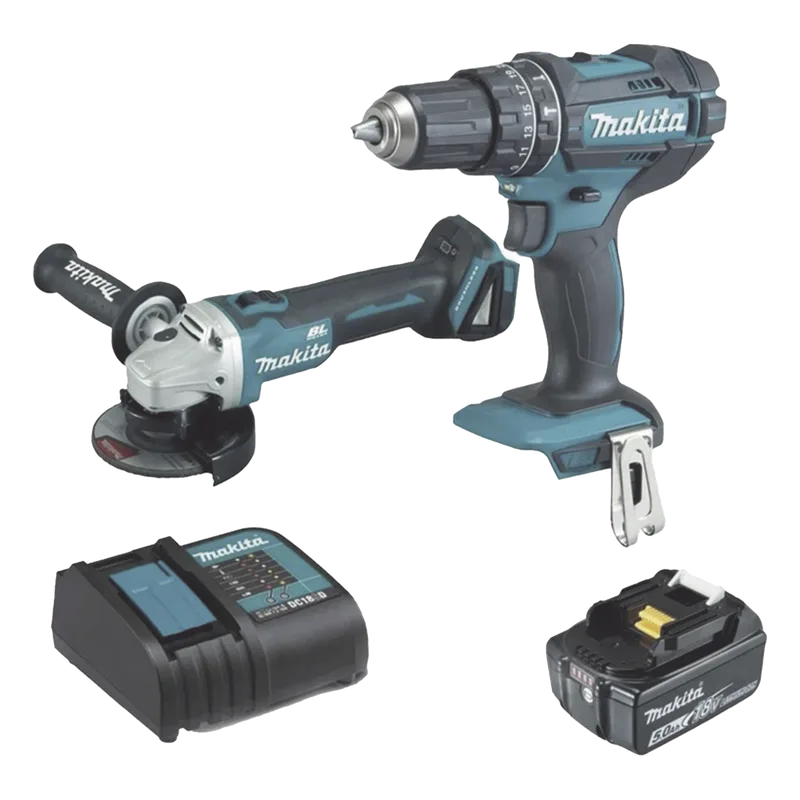 Kit, DHP482 Rotomartillo + DGA456 Mini Esmerilador, 1 Batería Li-Ion de 5.0 Ah y Cargador C/Luz de 18 Vcc. MAKITA DLX2402ST