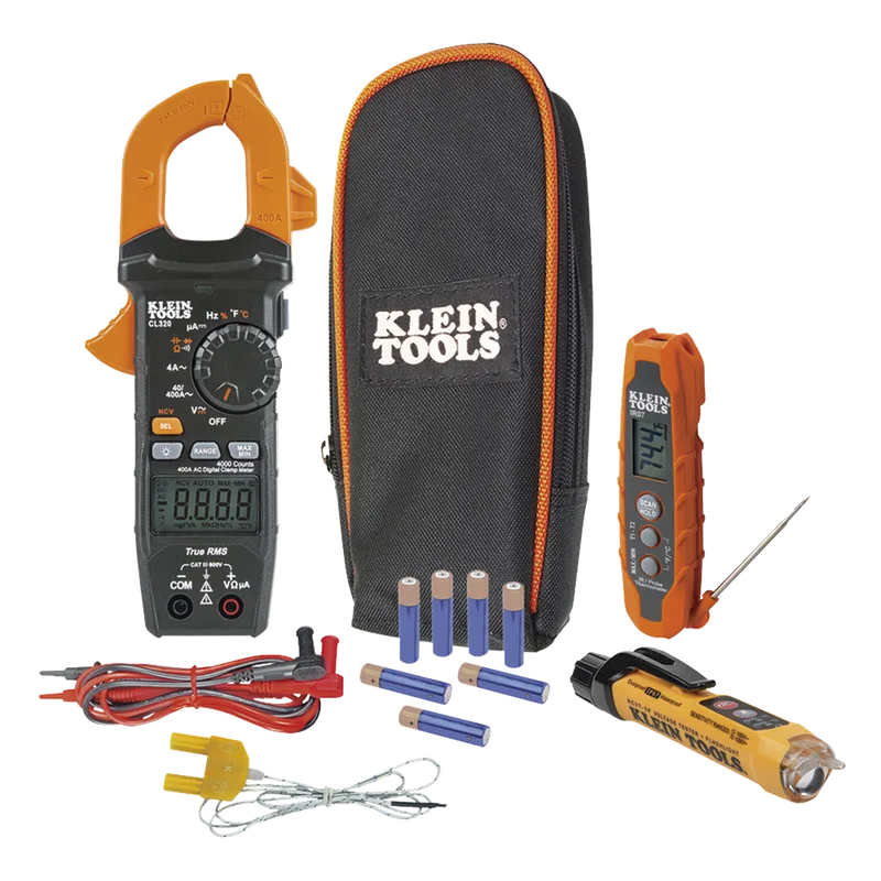 Kit de Prueba Eléctrica HVAC para Aire Acondicionado, Calefacción, Minisplits, etc. Medición de Voltaje CA/CC, Resistencia, Frecuencia, Capacitancia, Diodos, Temperatura, Ciclo, Micro Amperios CC. KLEIN TOOLS CL320KIT