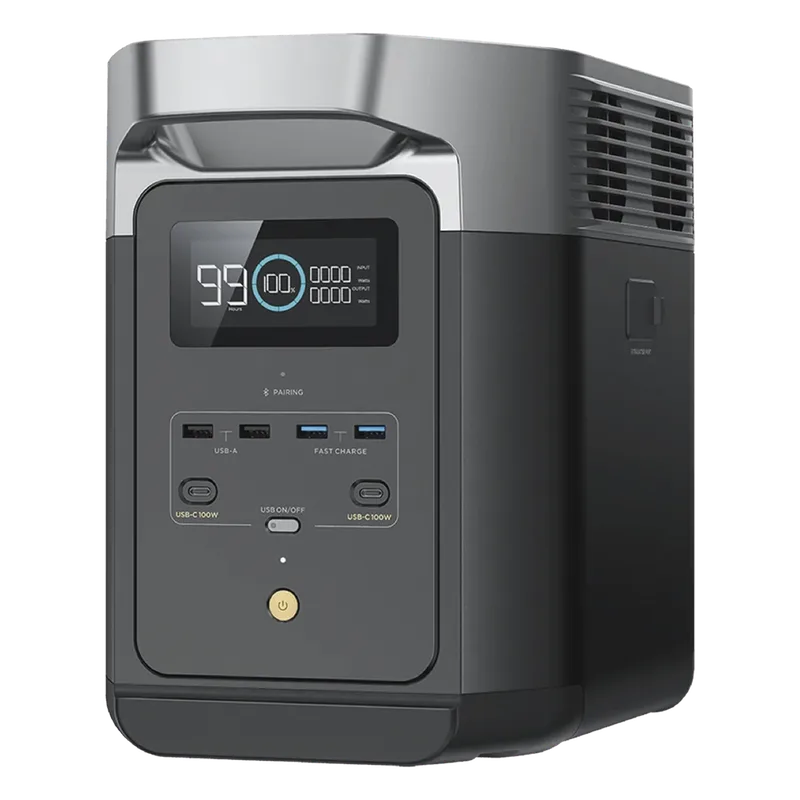 Estación de Energía Portátil Delta 2 1024Wh Litio LFP / 6 AC 1800 W (Max. 2200W) / 2 USB-C 100W / Capacidad para Aumentar Respaldo / Cargador de Coche 10A a 12.6V / Conectividad WiFi y Bluetooth (App) / Carga Solar 500W Max. ECOFLOW EFD-330