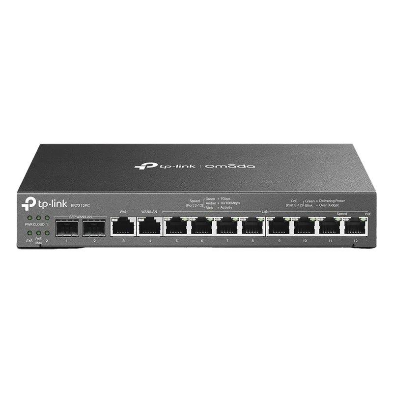 Router Omada VPN / SDN Multi-WAN 1G / Switch con PoE y Controlador / 2 puerto WAN/LAN SFP 1G / 1 Puerto RJ45 WAN / 1 Puerto WAN/LAN RJ45 / 8 Puertos PoE+ LAN RJ45 / 24,980 Sesiones Concurrentes TP-LINK ER7212PC