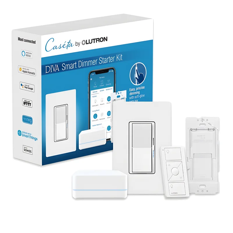Kit de inicio Caseta Wireless con hub, atenuador de pared Diva de 150 W LED o 600 W incandescente sin neutro, control Pico, tapa y adaptador de pared, compatible con Apple HomeKit LUTRON CASETA WIRELESS DVRFBDG1D