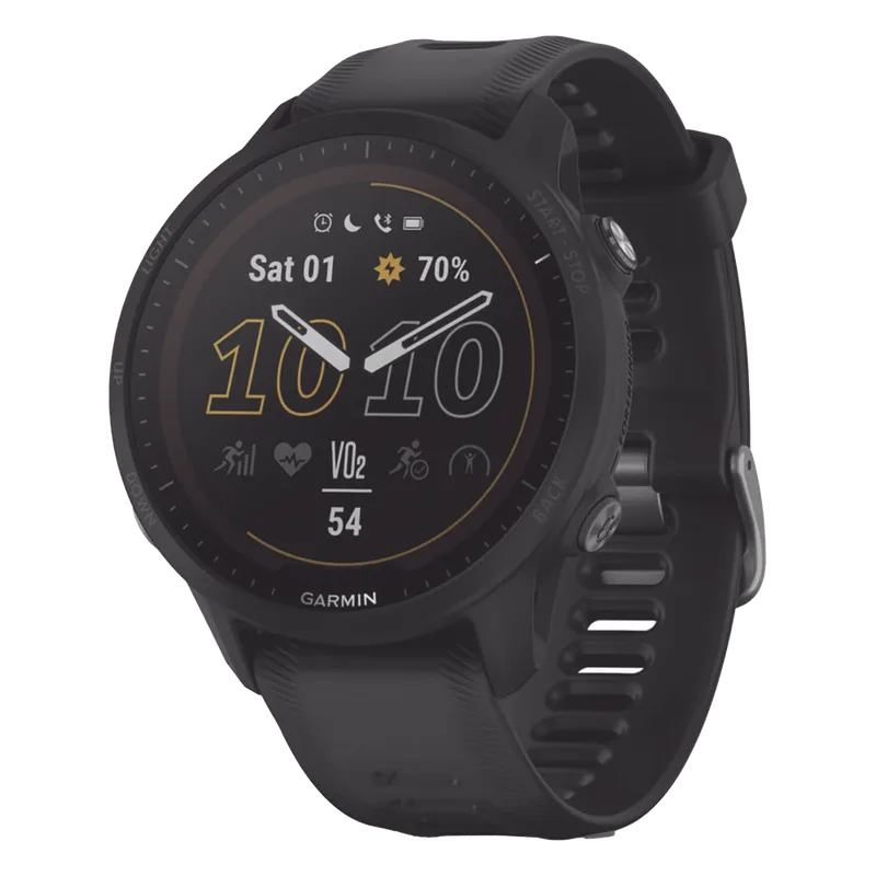 Reloj Garmin Forerunner 955 solar color negro en correa de silicón, con funciones premium de entrenamiento. 10-02638-00