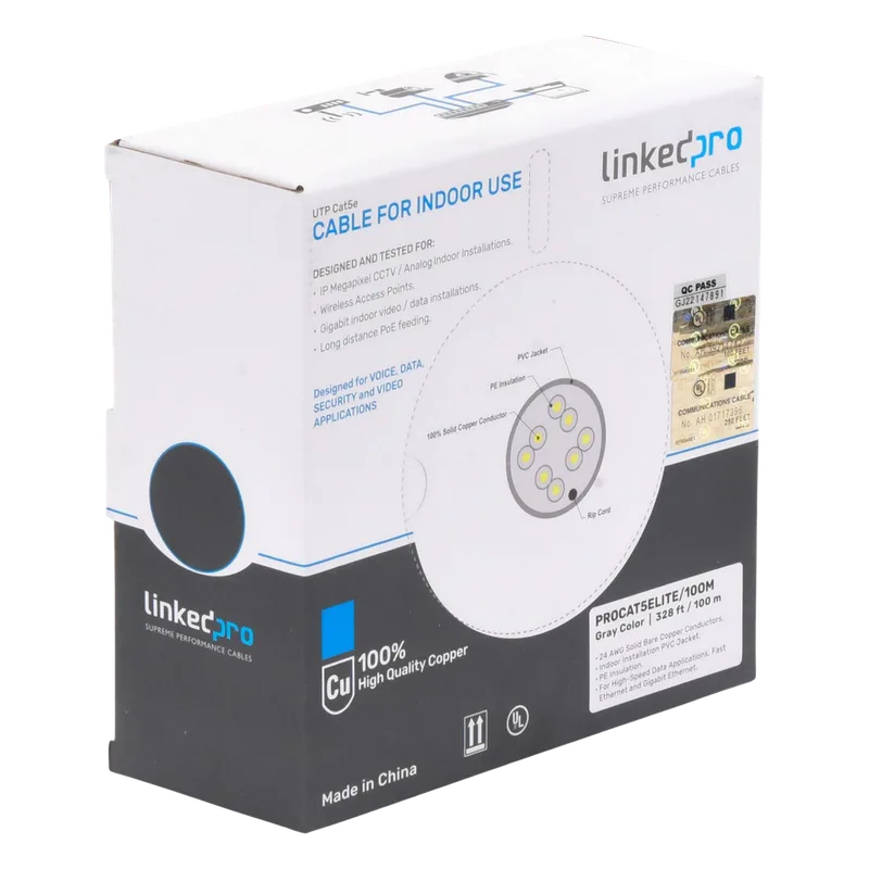 Bobina de Cable de 100 Metros (328.08 Pies), Cat5e, 24 AWG, Color Gris, UL, para Aplicaciones en Videovigilancia, Redes de Datos. Uso Interior LINKEDPRO BY EPCOM PRO-CAT-5E-LITE/100M