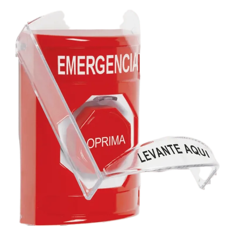 ​​Botón Multipropósito, Color Rojo, De Superficie, Con Tapa De Policarbonato, Con Bocina Pre Alarma, Solo Interior, Llave Para Restablecer, Texto De Emergencia, Español STI SS20A2EM-ES