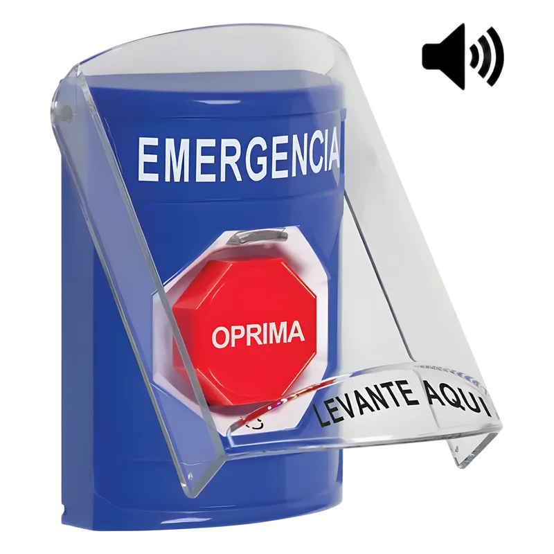 Botón Multipropósito, Color Azul, De Superficie, Con Tapa De Policarbonato, Con Bocina, Para Interior, Girar Para Restablecer, Texto De Emergencia, Español STI SS24A9EM-ES