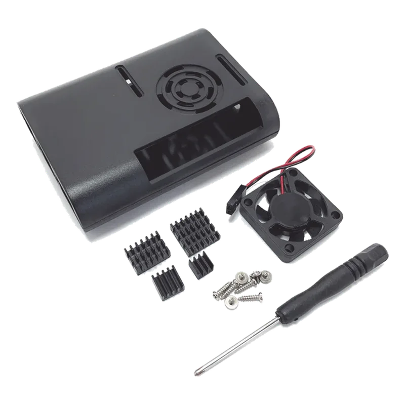 Kit Gabinete para Raspberry Pi 4 Model B / Plástico ABS / Color Negro / Ventilador / Disipadores / Incluye Desarmador IC-00073