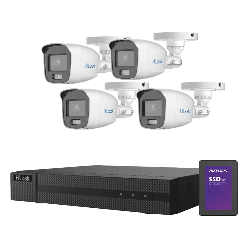 Kit TurboHD 1080p + SSD 1 TB / DVR 4 Canales / 4 Cámaras Bala ColorVu con Micrófono Integrado / Fuente de Poder / Accesorios de Instalación HiLook by HIKVISION HL-1080-CV/A/1TB