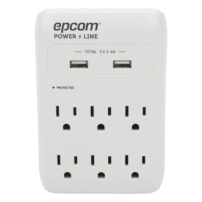 Multicontacto de Pared 110 Vca / Supresor de Picos 1080 Joules / 6 x Nema 5-15P / 2 x USB (5V @3.4A) EPCOM POWERLINE EPLSPWUSB