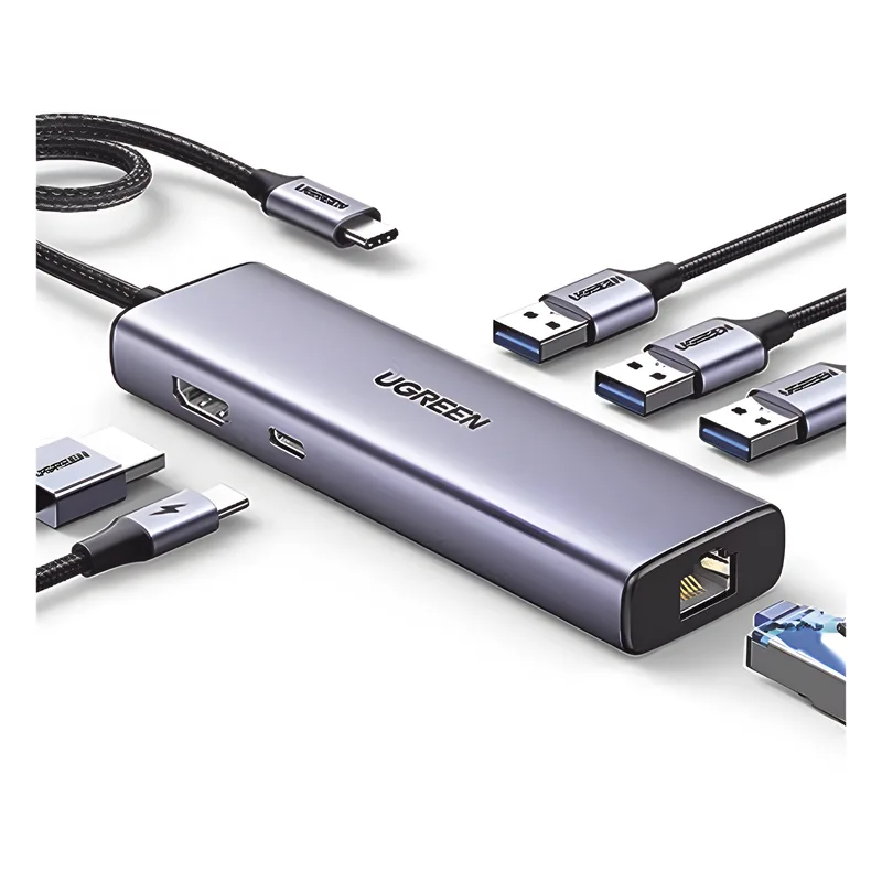 HUB USB-C (Docking Revodok) 6 en 1 | 3 Puertos USB-A 3.0 (5 Gbps) | USB-C PD 100W | HDMI 4K@30Hz | Entrada 1 RJ45 (Gigabit Ethernet) | Chip de Última Generación | Potente Disipación de Calor | Caja de Aluminio. UGREEN 15598
