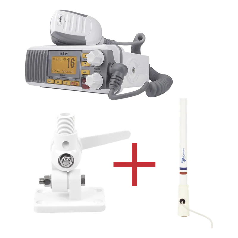 Kit de radio UM385 | mas antena marina de fibra de vidrio TX-5206-SYS y soporte para antena 4186 UNIDEN UM385/KIT5206
