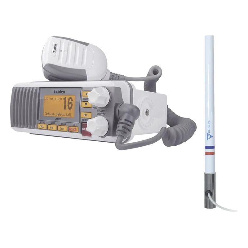 Kit de radio UM385 | mas antena marina de fibra de vidrio TX-5101-SYS fabricada en fibra de vidrio con base roscable de acero inoxidable UNIDEN UM385/KIT5101