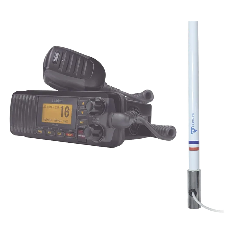 Kit de radio UM385BK | mas antena marina de fibra de vidrio TX-5101SYS/10M fabricada en fibra de vidrio con base roscable de acero inoxidable UNIDEN UM-385BK/KIT5101