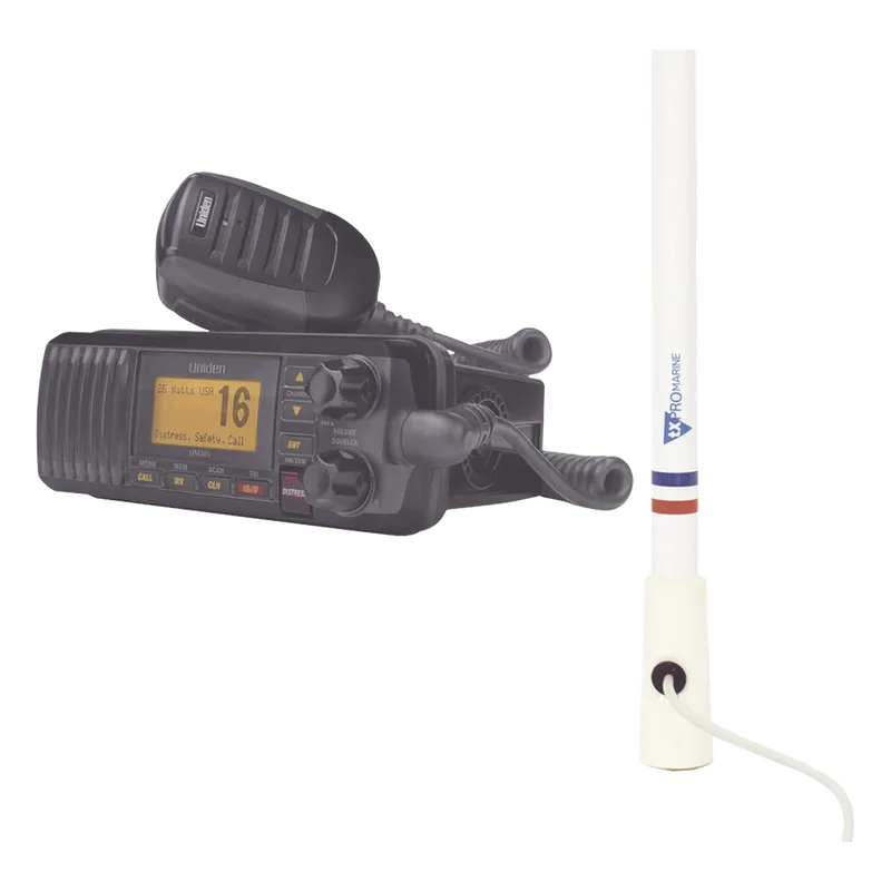 Kit de radio UM385BK | mas antena marina de fibra de vidrio TX-5206-SYS y soporte para antena 4186 UNIDEN UM-385BK/KIT5206