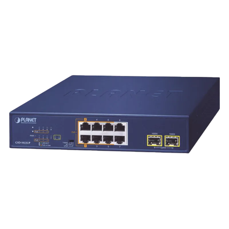 Switch PoE No Administrable de Escritorio, 2 Puertos Gigabit 802.3bt, 4 Puertos Gigabit 802.3at, 2 Puertos 10/100/1000, 2 Puertos SFP Gigabit. PLANET GSD-1022UP