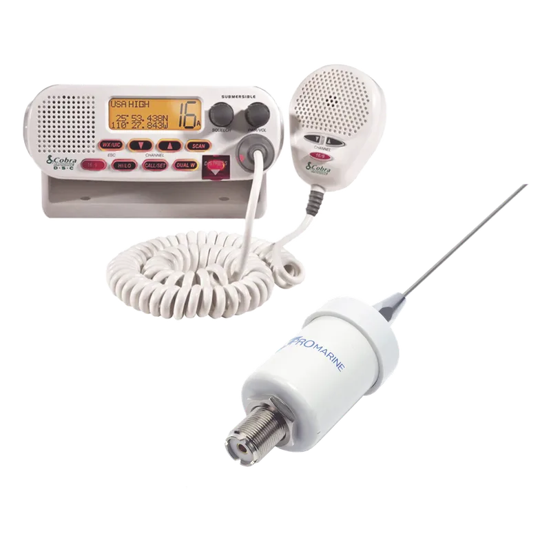 Kit de radio MRF45D | mas antena marina TX-1600-SYS. Incluye cable de 4.5 m con conectores PL-259 instalados y montaje en L COBRA MRF45D/KIT1600