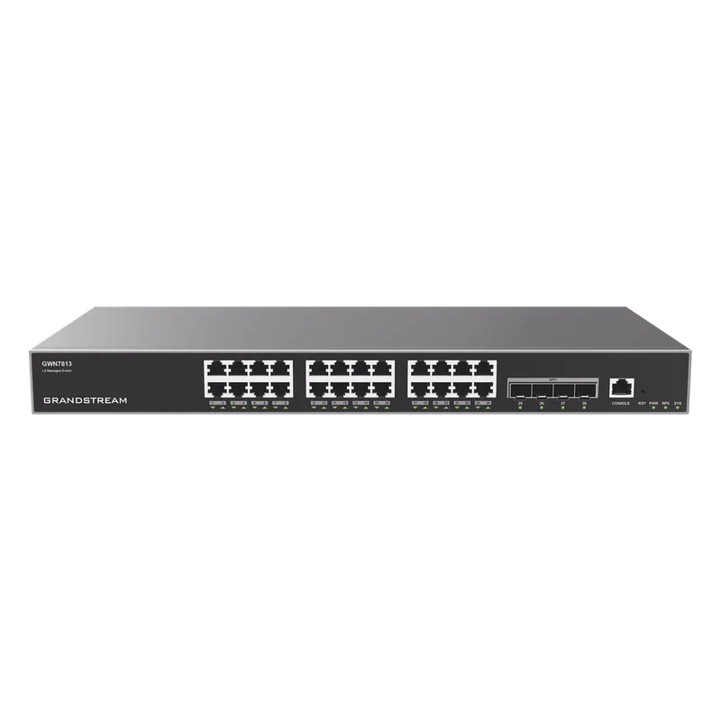 Switch Capa 3 Administrable / 24 puertos 10/100/1000 Mbps + 4 Puertos SFP+ de 10 Gigabits / Compatible con GWN Cloud. GRANDSTREAM GWN7813