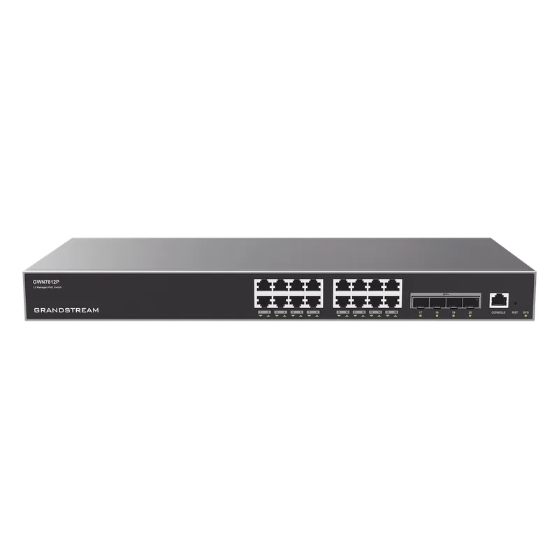Switch Capa 3 PoE+ Administrable / 16 puertos 10/100/1000 Mbps + 4 Puertos SFP+ de 10 Gigabits / Hasta 240W / Compatible con GWN Cloud. GRANDSTREAM GWN7812P
