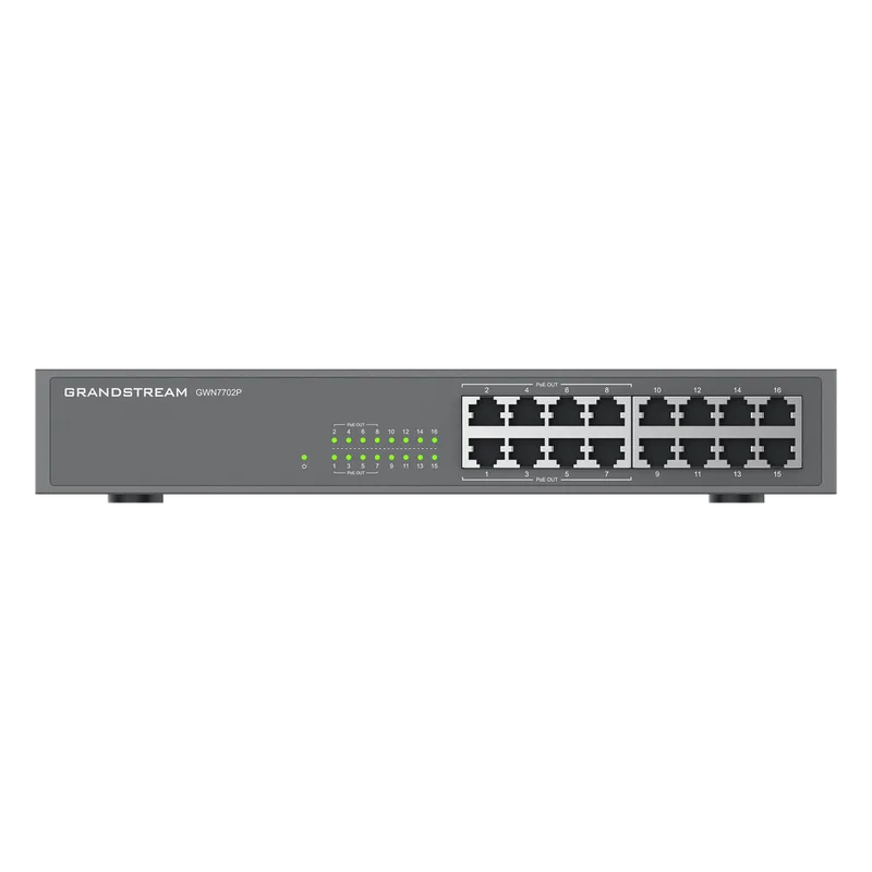 Switch PoE+ 16 Puertos Gigabit No Administrable / 8 puertos 10/100/1000 Mbps / 8 puertos PoE+ / hasta 145W GRANDSTREAM GWN7702P