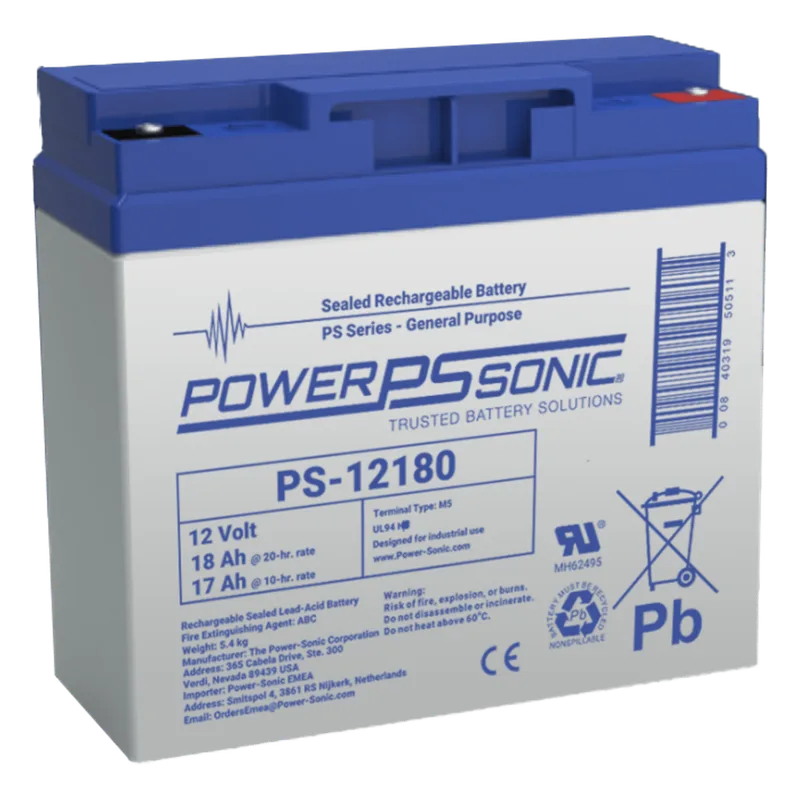 Batería 12V, 18AH, Para Respaldo, Tecnologías AGM/VRLA, Diseño De Vida Útil 5 Años, Terminales Tipo M5, Listada UL, Libre De Mantenimiento POWER SONIC PS-12180-M5