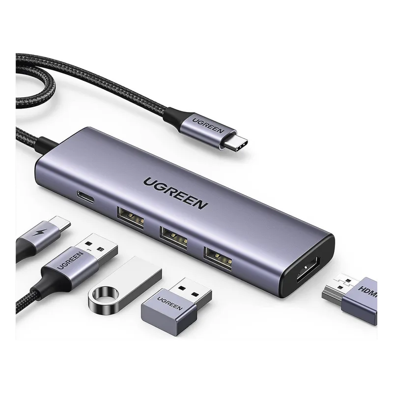 HUB USB-C (Docking Station) 5 en 1 | HDMI 2.0 4K@30Hz | 3 USB-A 3.0 (5Gbps) | USB-C PD Carga 100W | Potente Disipación de Calor | Chip de Ultima Generación | Cable de Nylon Trenzado de 25 cm | Carcasa de Aluminio. UGREEN 15596