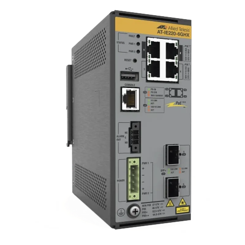 Switch Industrial L2+, Puertos 4x 10/100/1000T con PoE++, 2x 1G/10G SFP+, PoE++ (TAA) ALLIED TELESIS AT-IE220-6GHX-980