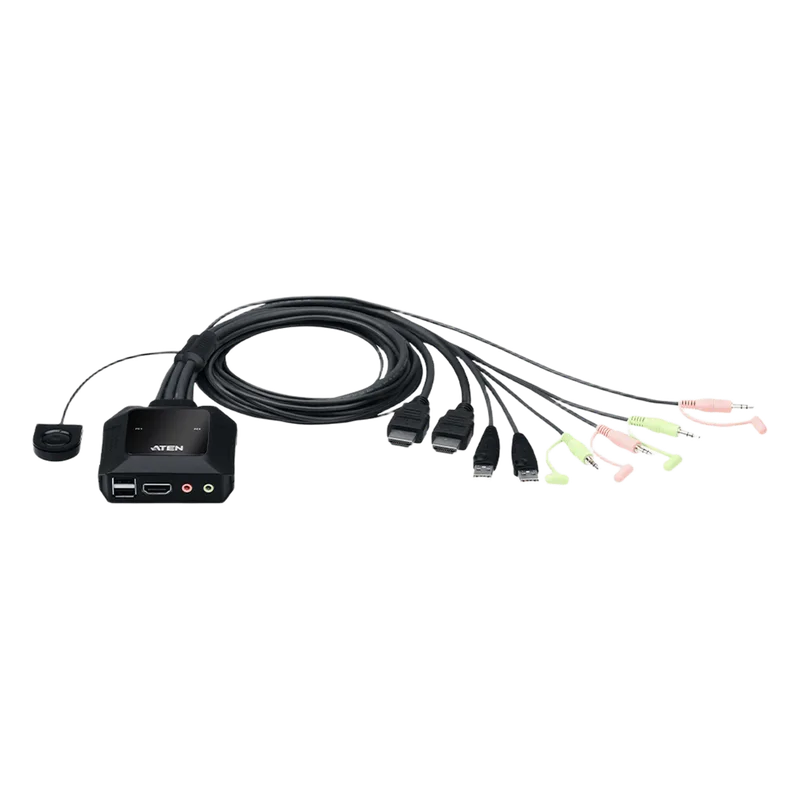 Conmutador KVM con cable HDMI 4K USB de 2 puertos con selector de puerto remoto | 4096x2160 @ 60Hz (4K DCI) | HDCP 2.2 | Jack 3.5mm (Audio/Micrófono) | Conecta y controla 2 equipos con un solo monitor, teclado y mouse ATEN CS22H