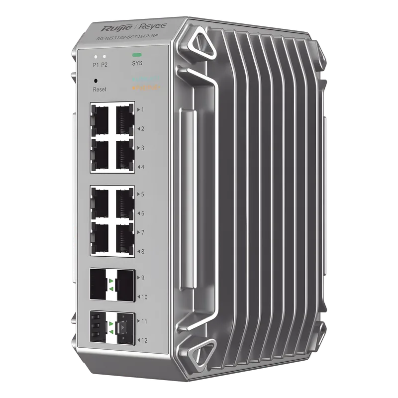 Switch Industrial PoE, Ideal para temperaturas Extremas y protección contra descargas, 8 Puertos Gigabit PoE 802.3 af/at, 4 Puertos SFP Administrable Cloud RUIJIE RG-NIS3100-8GT4SFP-HP