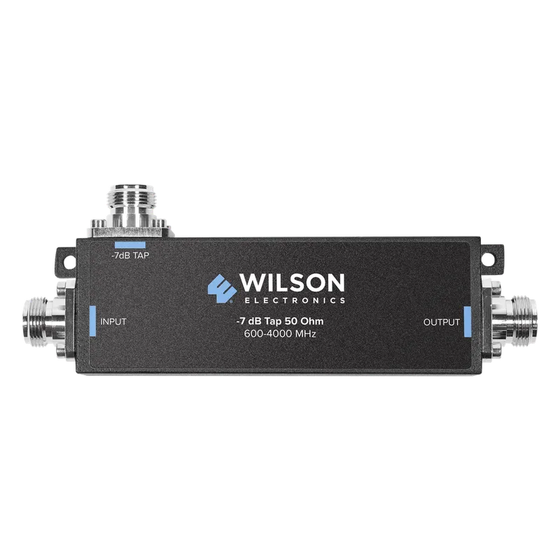 Separador TAP -7 dB con rango de frecuencia de 575 a 6000 MHz. Ideal para separar la antenas a diferentes longitudes de cable coaxial. 50 Ohm con conectores N Hembra. WILSONPRO / WEBOOST 859-120