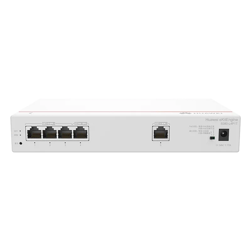 Router Multi-Servicio / 1 puerto 10/100/1000 Mbps(WAN) / 4 puertos 10/100/1000 Mbps(LAN) PoE+ (802.3af/at) / 50W / Rendimiento 1 Gbps / Controla hasta 32 APs / Hasta 150 Clientes / Administración Nube Gratis HUAWEI S380-L4P1T