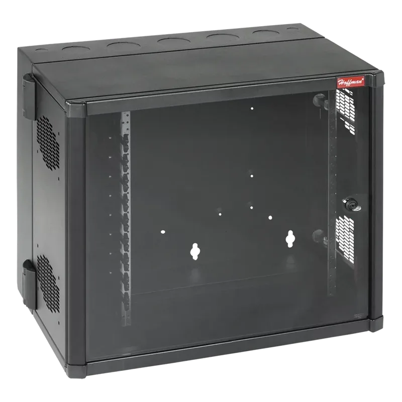 Gabinete AccessPlus de Montaje 26 UR en Pared de 19in, Rieles Numerados y Roscados #10-32, Puerta con Ventana de Seguridad, 700 mm de Ancho, 637 mm de Profundidad, Color Negro HOFFMAN EWMW482825