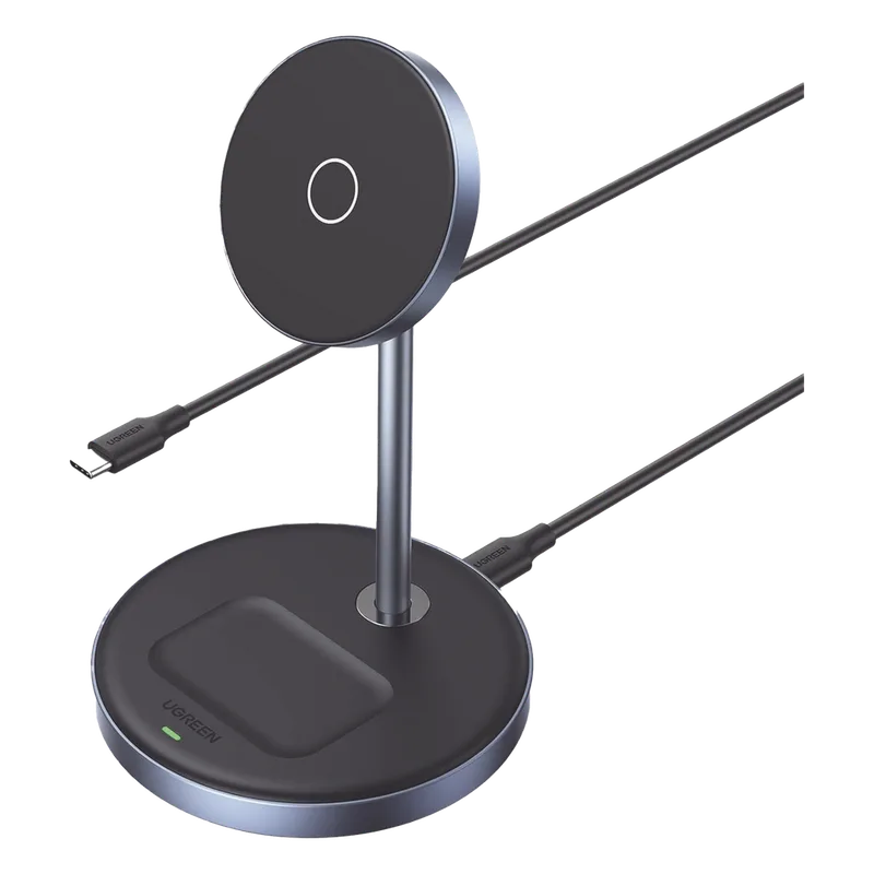 Soporte de Carga Inalámbrica | 3 en 1 | Compatible con MagSafe | Perfecto para iPhone y AirPods | Carga Rápida Adaptativa /Simultanea | Múltiples Protecciones | Luz Indicadora LED | Aleación de Aluminio | Incluye Cable UGREEN 90668
