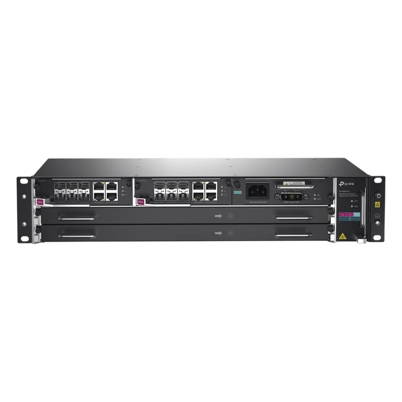 DeltaStream - OLT Módular GPON / Conexión de hasta 4,096 ONUs / 2 Tarjetas Main / Puertos Gigabit RJ45 Uplink / 4 Puertos SFP+ Uplink / Fuente Redundante AC- DC (incluida) / Administración desde la nube (DPMS) TP-LINK DS-P8000-X2