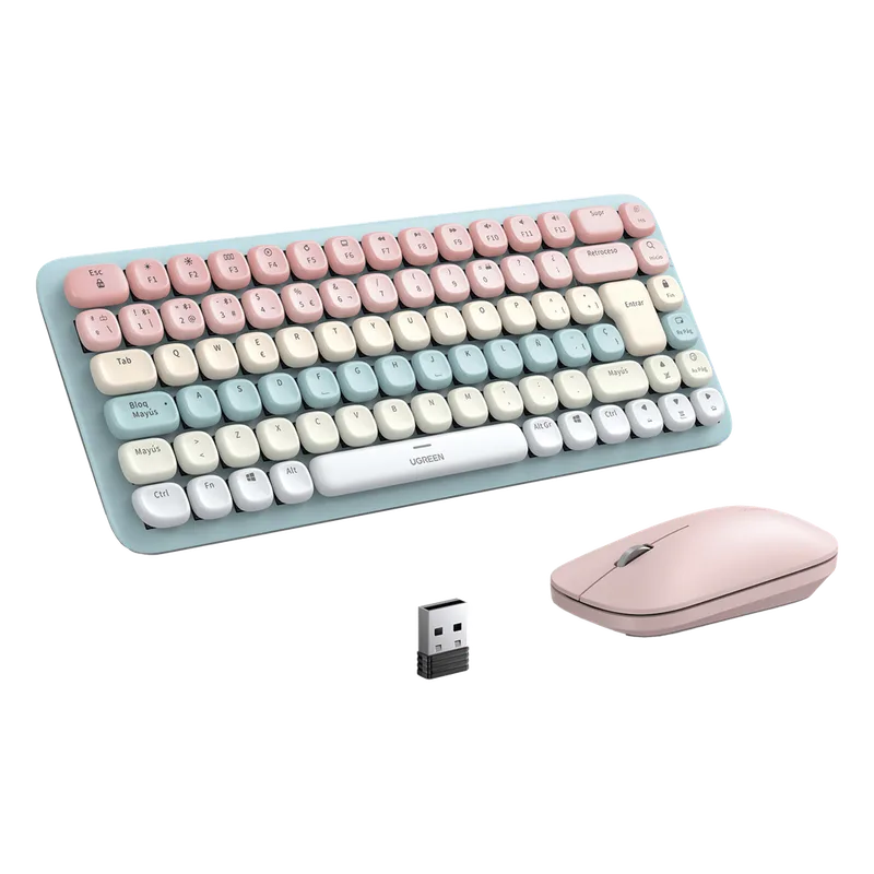 Paquete de Teclado y Mouse | 85 teclas en Español | Bluetooth y 2.4GHz | Mouse Ambidiestro | Sensor de DPI ajustable | Efectos de Iluminación del Teclado | Amplia compatibilidad | Color Rosa. UGREEN 25178
