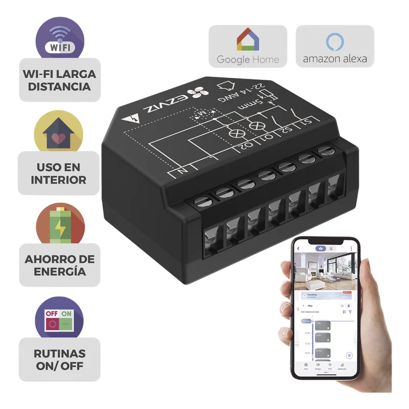 Relevador Wi-Fi Inteligente / 2 Salidas Para 2 Apagadores / Ideal Para Control de Iluminación / Control Remoto / Horarios Personalizados / Registro de Consumo / 110-240VCA EZVIZ CST36