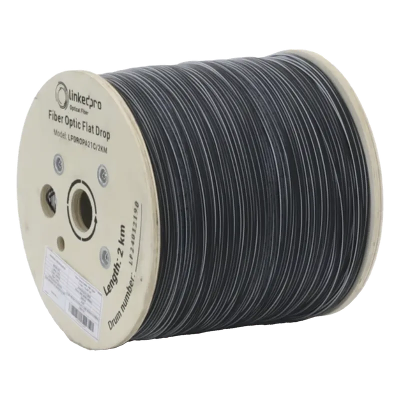 Carrete de 2 Kilómetros de Fibra Óptica Drop Plana, Interior/Exterior G.657A2 Monomodo de 1 Hilo (Unifibra), Dieléctrica, Forro Negro, Compatible con Conectores FASC, FASCUP, FASCLC LINKEDPRO BY EPCOM LPDROPA21C/2KM