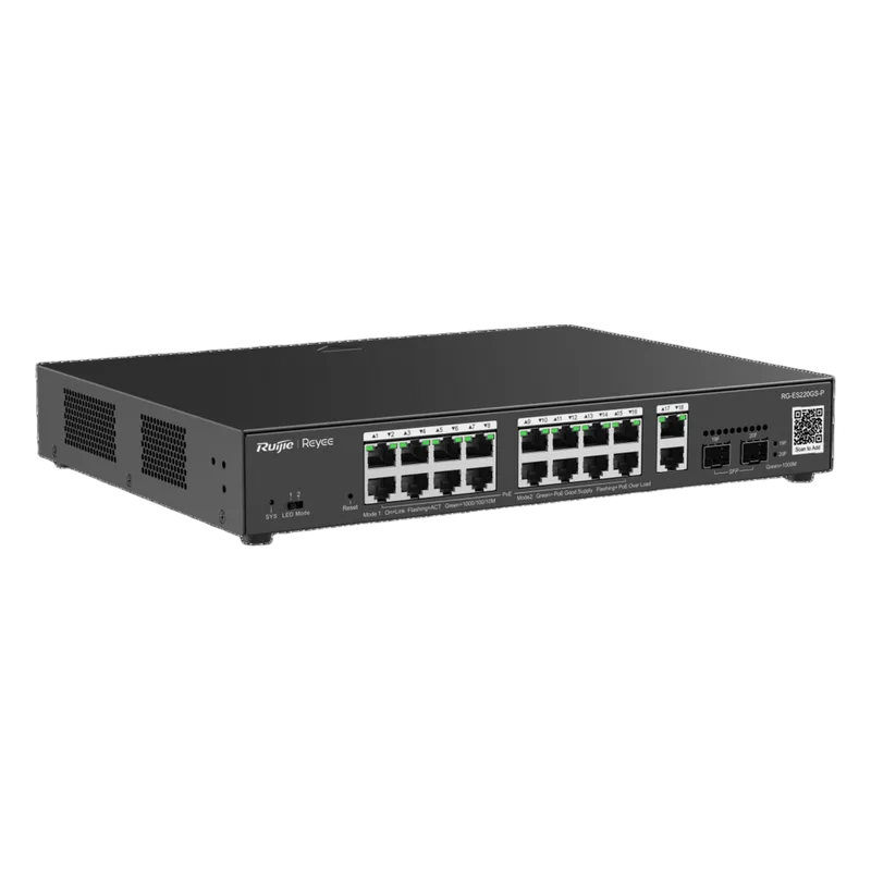 Switch L2 Administrable PoE con 16 puertos Gigabit PoE 802.3af/at + 2 SFP para fibra 1Gb, gestión gratuita desde la nube, 240w RUIJIE RG-ES220GS-P