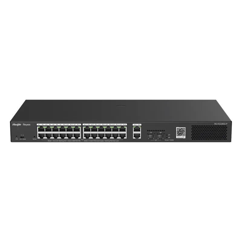 Switch Smart PoE con 24 puertos Gigabit PoE 802.3af/at + 2 SFP para fibra 1Gb, gestión gratuita desde la nube, 370w RUIJIE RG-ES228GS-P