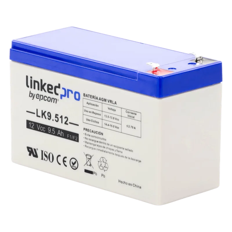 Batería de respaldo 12 V | 9.5 Ah | AGM | Especial para Seguridad Electrónica | UPS | Sistemas de Emergencia | Vida útil 5 años | Terminales F1 + Adaptador F2 LINKEDPRO BY EPCOM LK9.512