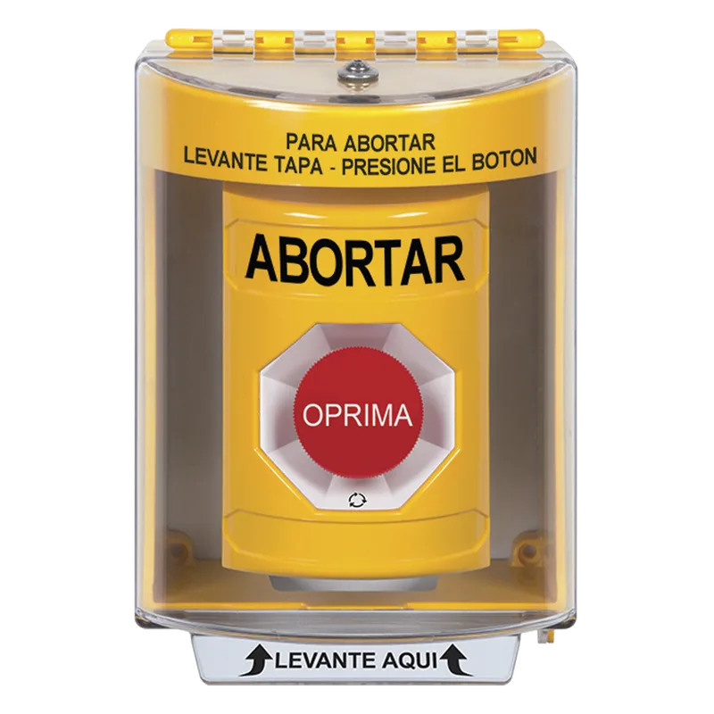 Botón de Abortar, Texto en Español, Tapa Protectora de Policarbonato Súper Resistente, Girar para restablecer STI SS2281AB-ES