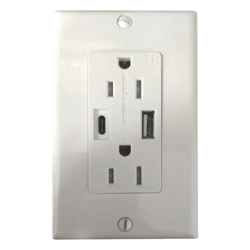 Contacto Dúplex con puertos USB Tipo A y C, 15 A, 100 - 240 V, USB 5 V, Incluye la Placa. THORSMAN CONTACTHO