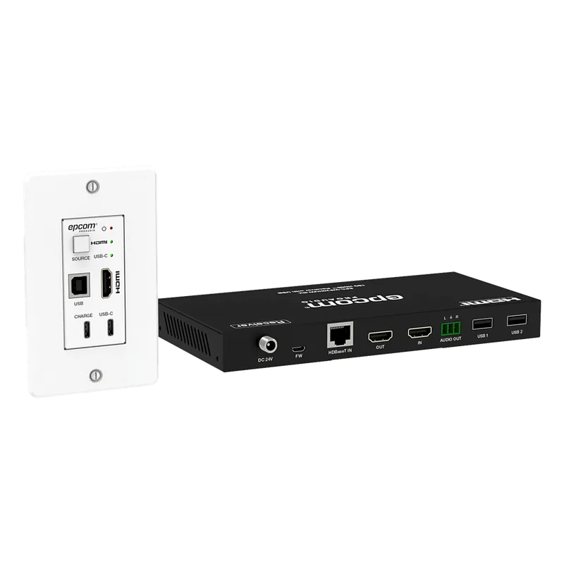 Kit Extensor HDBaseT | 4K@60Hz | 100m Cat6/6a/7 | Placa de Pared USB-C/HDMI | KVM y PoE EPCOM PROAUDIO EPC-WP20HUW