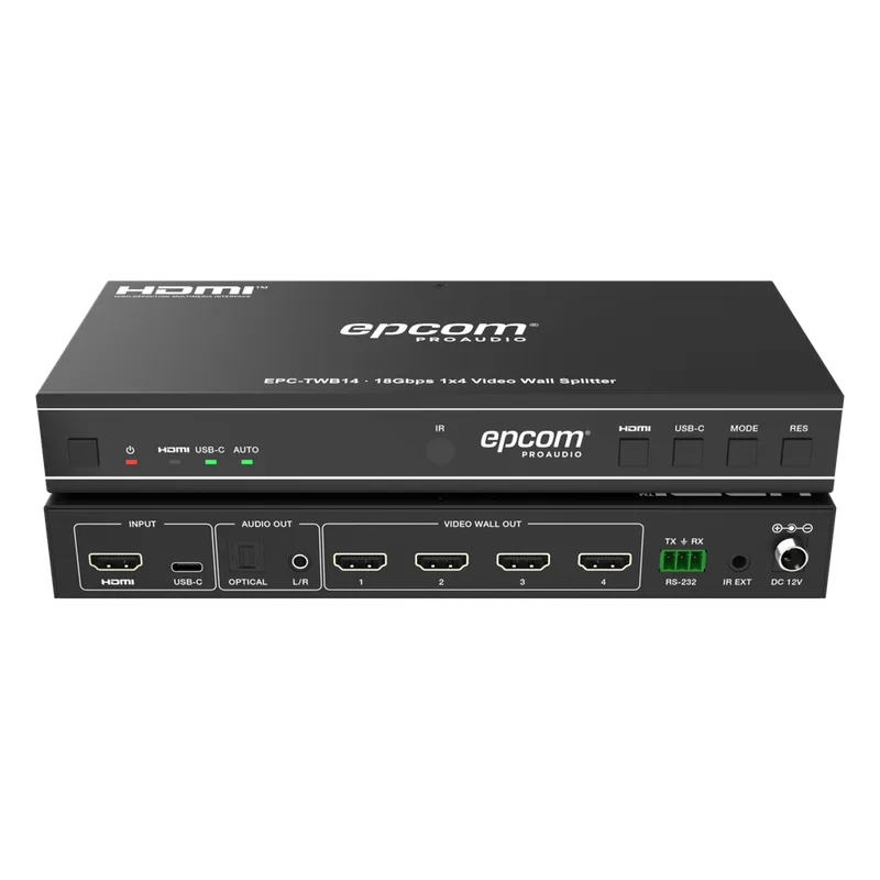 Videowall 4K 1x4 | HDMI & USB-C | 8 Modos de Visualización | Audio Óptico/Analógico | Control RS-232/IR | Plug & Play EPCOM PROAUDIO EPC-TWB14