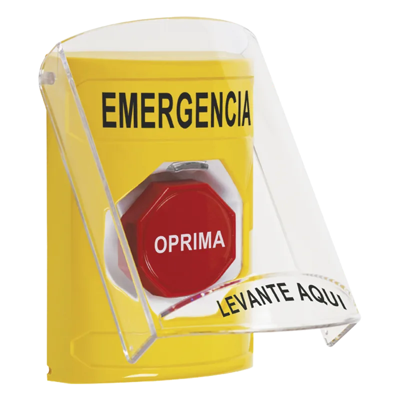 ​Botón Multipropósito, Color Amarillo, De Superficie, Con Tapa De Policarbonato, Con Bocina Pre Alarma, Solo Interior, Llave Para Restablecer, Texto De Emergencia, Español STI SS22A2EM-ES