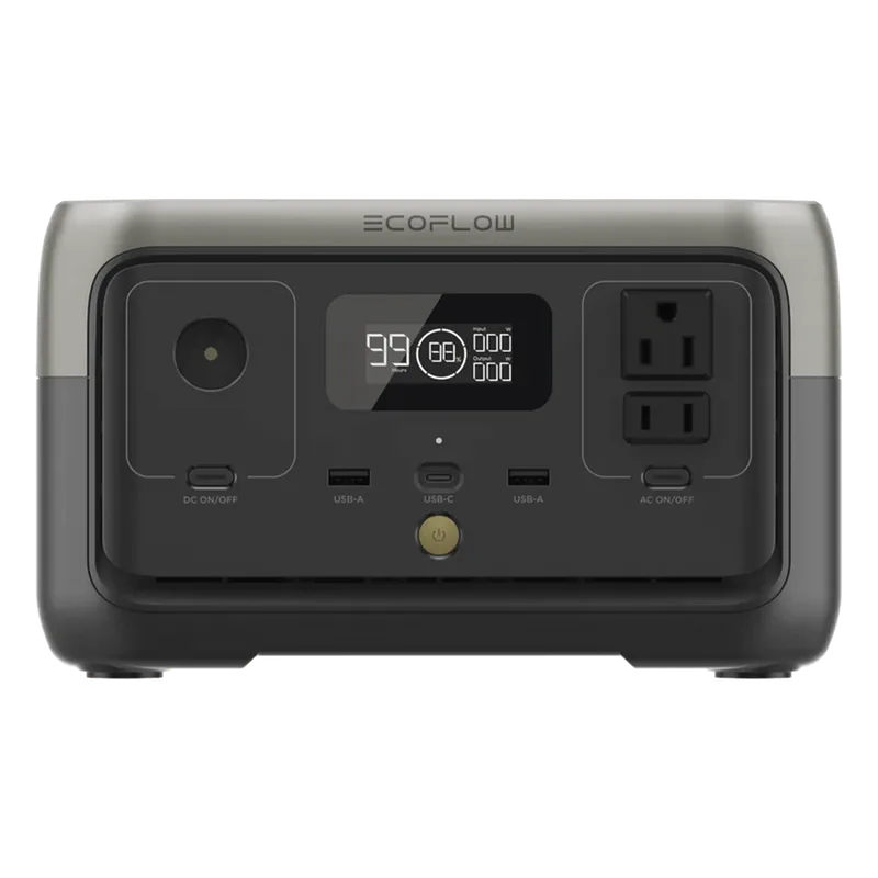 EcoFlow River 2 | Estación de Energía Portátil 256Wh Litio LFP / 2 AC 300 W (Max. 600W) / 1 USB-C 60W / 2 USB -A 12W / Cargador de Coche 8A a 12 o 24V / Conectividad WiFi y Bluetooth (App) / Carga Solar 110W Max. EFR600